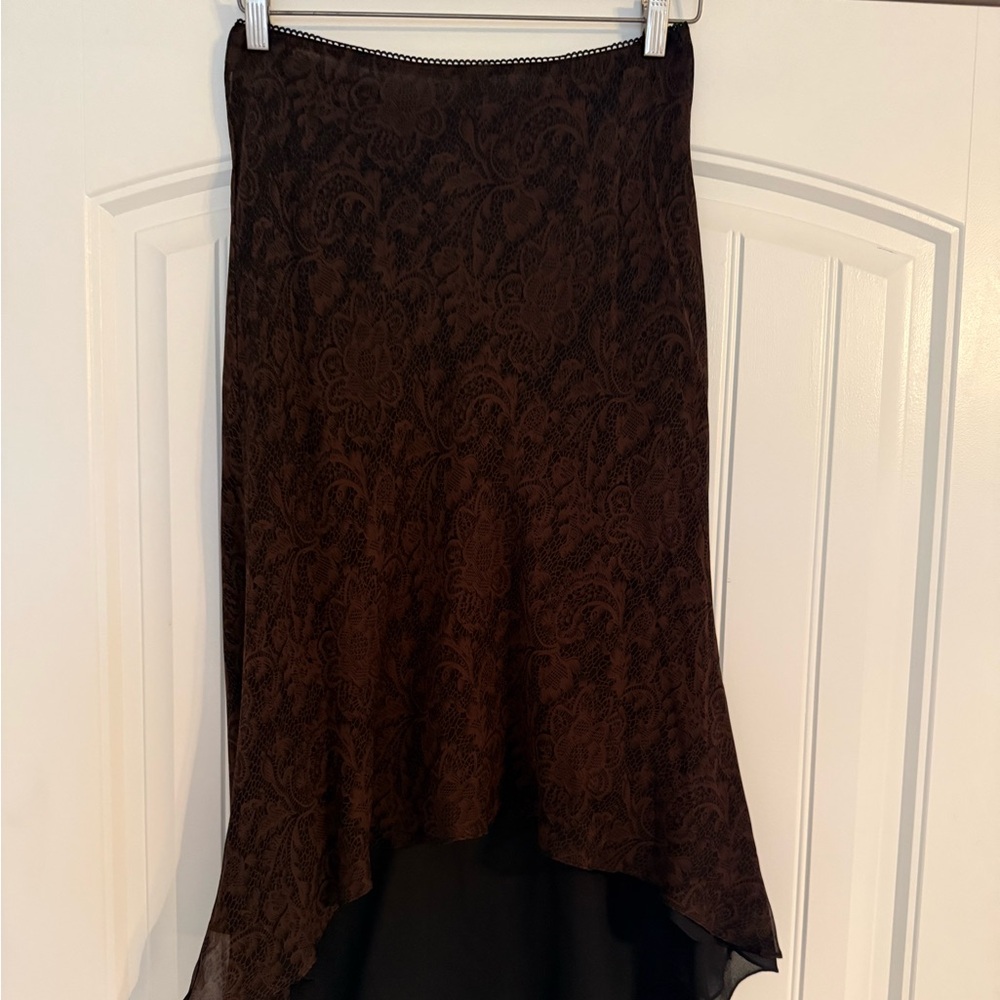 Vtg 90s Y2K Cache Large Brown Lace Print Silk Midi Asymmetrical Slip Skirt Flowy